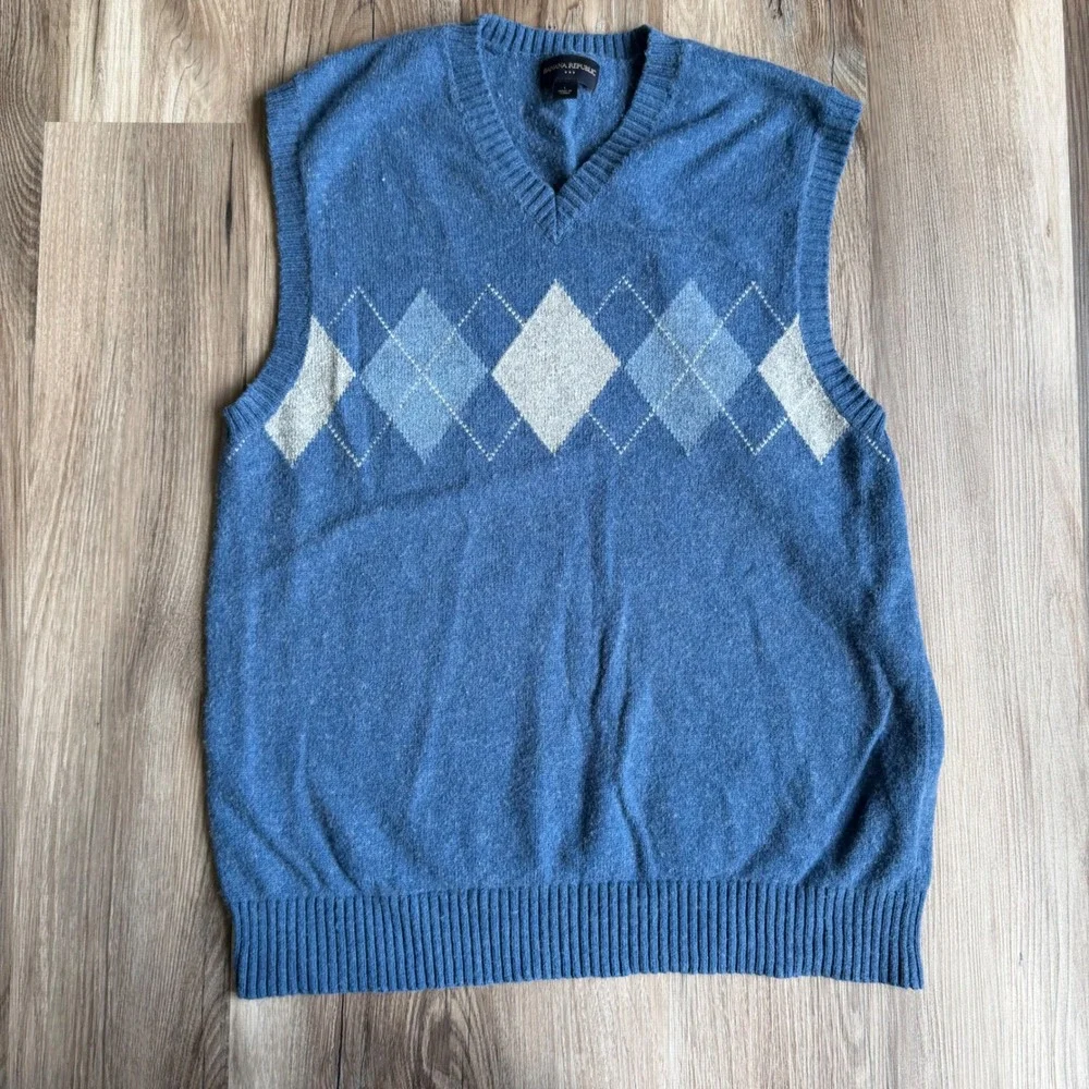 Banana Republic Mens Blue Argyle V-Neck Sweater Vest Cotton Wool Blend L